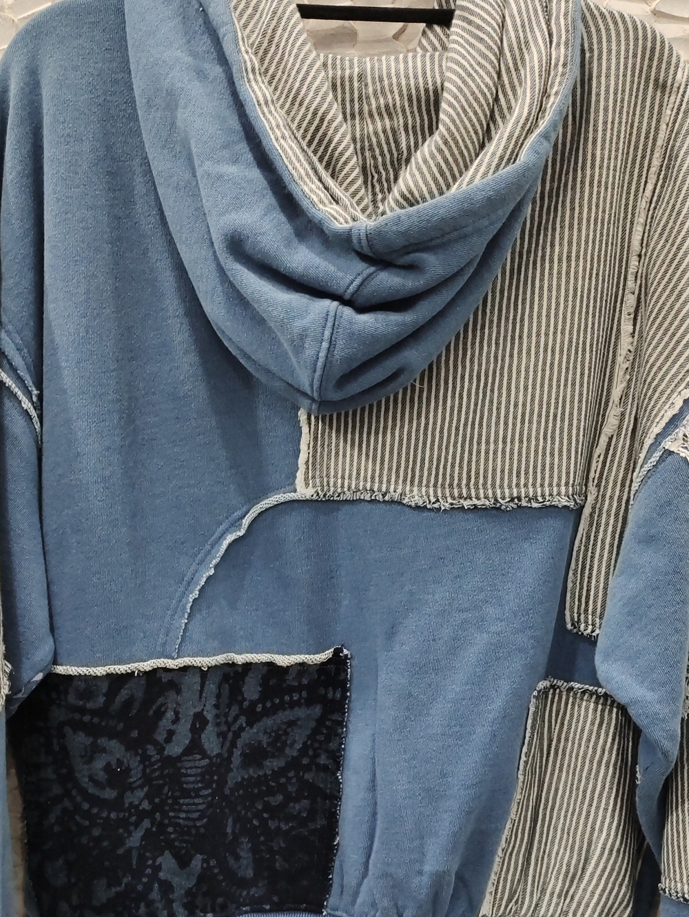 Free People Tattered Romance Hoodie Blue Patchwork Mix Pullover Hoodie - Picture 7 of 9